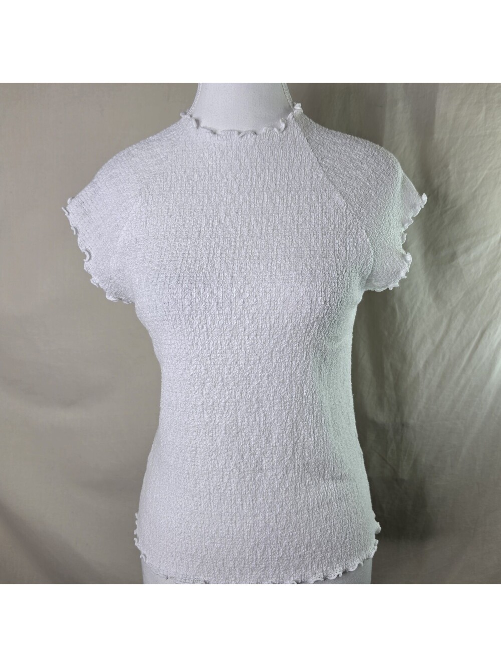 Madewell Crinkle Top M White Ruffle Neck Short Sleeve NWT $60